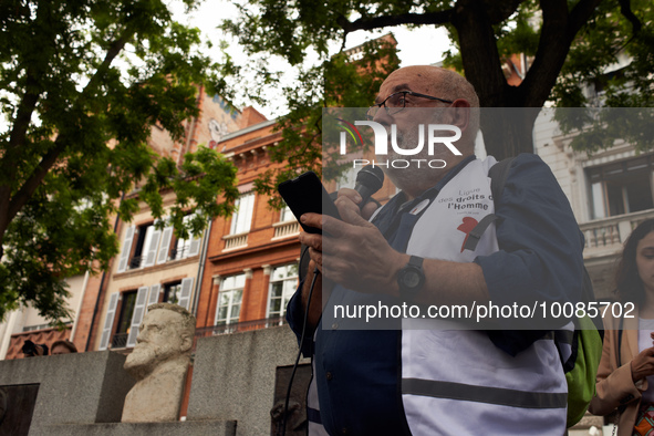 Jean-Francois Migard head of the Toulouse's branch of the LDH speaks during the gathering. The Toulouse's branch of the Human Rights League...