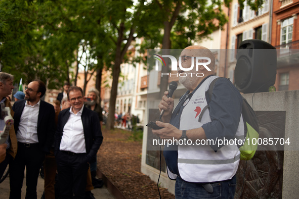 Jean-Francois Migard head of the Toulouse's branch of the LDH speaks during the gathering. The Toulouse's branch of the Human Rights League...