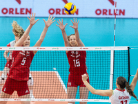 Agnieszka Korneluk (POL), Martyna Czyrnianska (POL), Lucille Gicquel (FRA) during Poland vs France, volleyball friendly match in Radom, Pola...