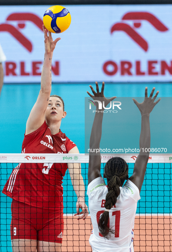 Magdalena Stysiak (POL), Halimatou Bah (FRA) during Poland vs France, volleyball friendly match in Radom, Poland on May 25, 2023. 
