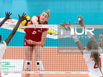 Halimatou Bah (FRA), Magdalena Stysiak (POL) during Poland vs France, volleyball friendly match in Radom, Poland on May 25, 2023. (