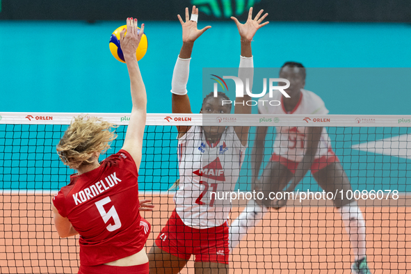 Agnieszka Korneluk (POL), Eva Elouga (FRA) during Poland vs France, volleyball friendly match in Radom, Poland on May 25, 2023. 