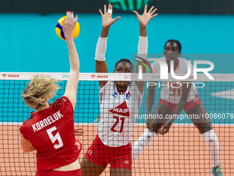 Agnieszka Korneluk (POL), Eva Elouga (FRA) during Poland vs France, volleyball friendly match in Radom, Poland on May 25, 2023. (