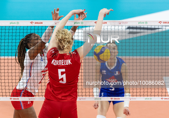 Eva Elouga (FRA), Agnieszka Korneluk (POL) during Poland vs France, volleyball friendly match in Radom, Poland on May 25, 2023. 