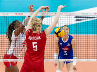 Eva Elouga (FRA), Agnieszka Korneluk (POL) during Poland vs France, volleyball friendly match in Radom, Poland on May 25, 2023. (