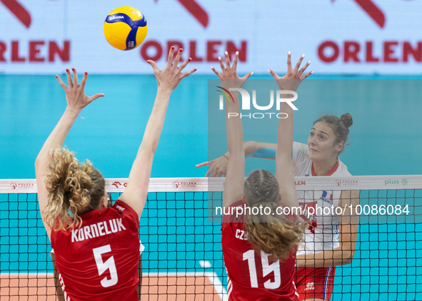 Agnieszka Korneluk (POL), Martyna Czyrnianska (POL), Amelie Rotar (FRA) during Poland vs France, volleyball friendly match in Radom, Poland...