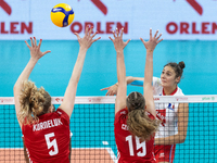 Agnieszka Korneluk (POL), Martyna Czyrnianska (POL), Amelie Rotar (FRA) during Poland vs France, volleyball friendly match in Radom, Poland...