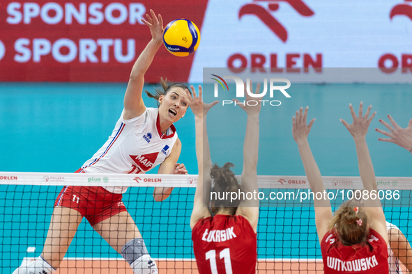 Lucille Gicquel (FRA), Martyna Lukasik (POL), Kamila Witkowska (POL) during Poland vs France, volleyball friendly match in Radom, Poland on...