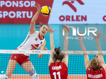 Lucille Gicquel (FRA), Martyna Lukasik (POL), Kamila Witkowska (POL) during Poland vs France, volleyball friendly match in Radom, Poland on...