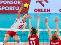 Lucille Gicquel (FRA), Martyna Lukasik (POL), Kamila Witkowska (POL) during Poland vs France, volleyball friendly match in Radom, Poland on...