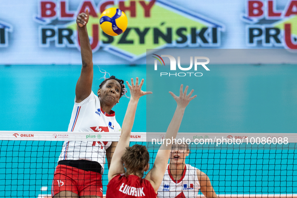 Amandha Sylves (FRA), Martyna Lukasik (POL), Amelie Rotar (FRA) during Poland vs France, volleyball friendly match in Radom, Poland on May 2...