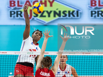 Amandha Sylves (FRA), Martyna Lukasik (POL), Amelie Rotar (FRA) during Poland vs France, volleyball friendly match in Radom, Poland on May 2...