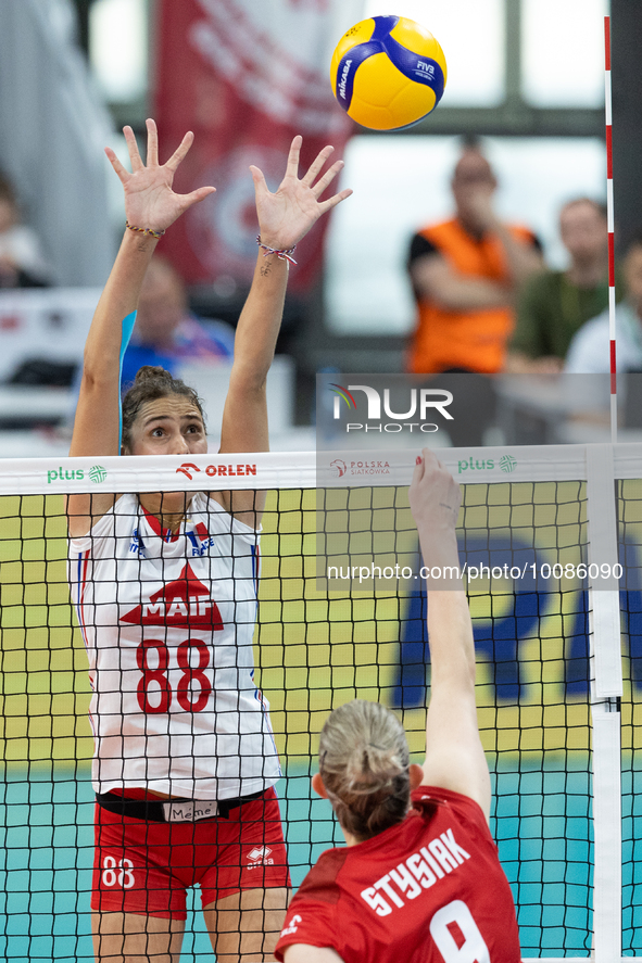 Amelie Rotar (FRA), Magdalena Stysiak (POL) during Poland vs France, volleyball friendly match in Radom, Poland on May 25, 2023. 