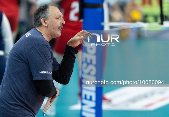 Trener Emile Rousseaux during Poland vs France, volleyball friendly match in Radom, Poland on May 25, 2023. 