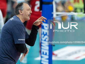 Trener Emile Rousseaux during Poland vs France, volleyball friendly match in Radom, Poland on May 25, 2023. (