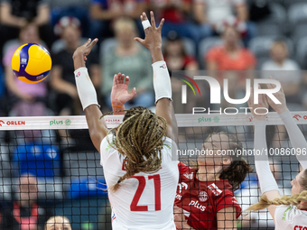 Eva Elouga (FRA), Martyna Czyrnianska (POL) during Poland vs France, volleyball friendly match in Radom, Poland on May 25, 2023. (