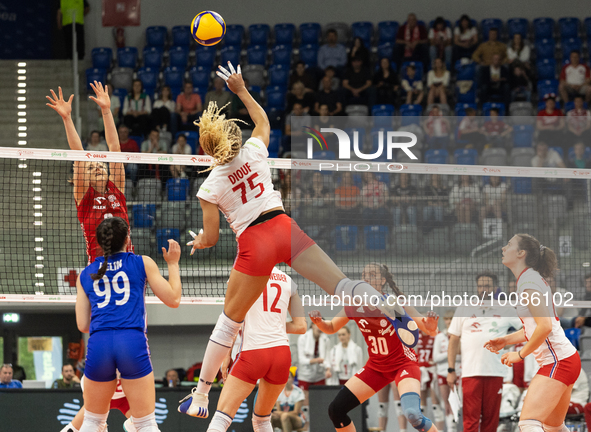 Kamila Witkowska (POL), Juliette Gelin (FRA), Amandha Sylves (FRA) during Poland vs France, volleyball friendly match in Radom, Poland on Ma...