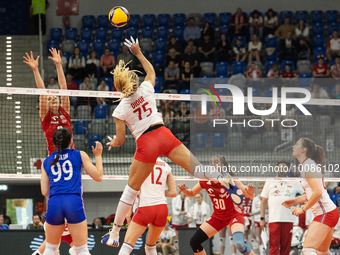 Kamila Witkowska (POL), Juliette Gelin (FRA), Amandha Sylves (FRA) during Poland vs France, volleyball friendly match in Radom, Poland on Ma...