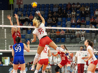 Kamila Witkowska (POL), Juliette Gelin (FRA), Amandha Sylves (FRA) during Poland vs France, volleyball friendly match in Radom, Poland on Ma...