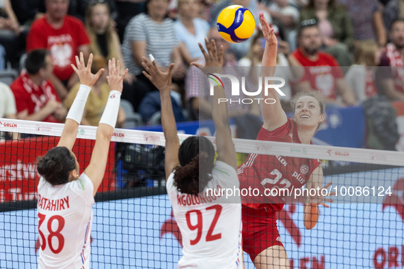 Leia Ratahiry (FRA), Naomie Ngolongolo (FRA), Weroniak Szlagowska (POL) during Poland vs France, volleyball friendly match in Radom, Poland...