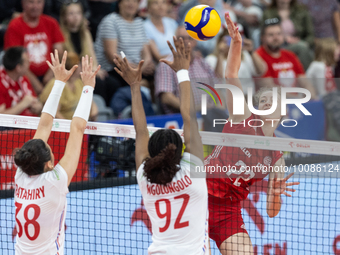 Leia Ratahiry (FRA), Naomie Ngolongolo (FRA), Weroniak Szlagowska (POL) during Poland vs France, volleyball friendly match in Radom, Poland...