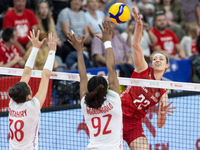 Leia Ratahiry (FRA), Naomie Ngolongolo (FRA), Weroniak Szlagowska (POL) during Poland vs France, volleyball friendly match in Radom, Poland...