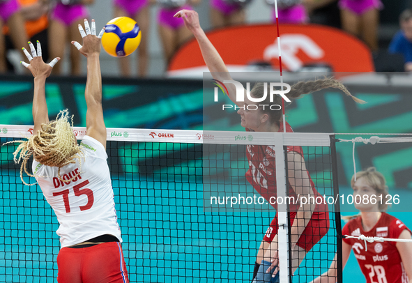 Guewe Diouf (FRA), Olivia Rozanski (POL) during Poland vs France, volleyball friendly match in Radom, Poland on May 25, 2023. 