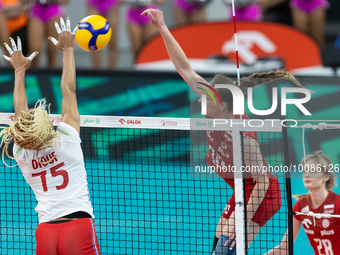 Guewe Diouf (FRA), Olivia Rozanski (POL) during Poland vs France, volleyball friendly match in Radom, Poland on May 25, 2023. (