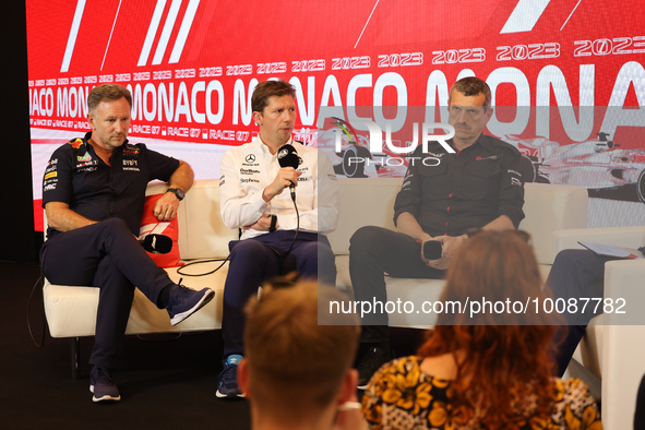 Christian Horner, James Vowles and Guenther Steiner during a press conference ahead of the Formula 1 Grand Prix of Monaco at Circuit de Mona...