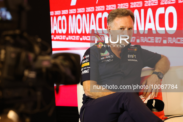 Christian Horner during a press conference ahead of the Formula 1 Grand Prix of Monaco at Circuit de Monaco in Monaco on May 26, 2023. 