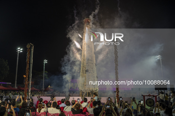 A General view showing fireworks at the bun tower on May 26, 2023 in Hong Kong, China. Cheung Chau Bun Festival or Cheung Chau Da Jiu Festiv...