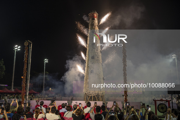 A General view showing fireworks at the bun tower on May 26, 2023 in Hong Kong, China. Cheung Chau Bun Festival or Cheung Chau Da Jiu Festiv...