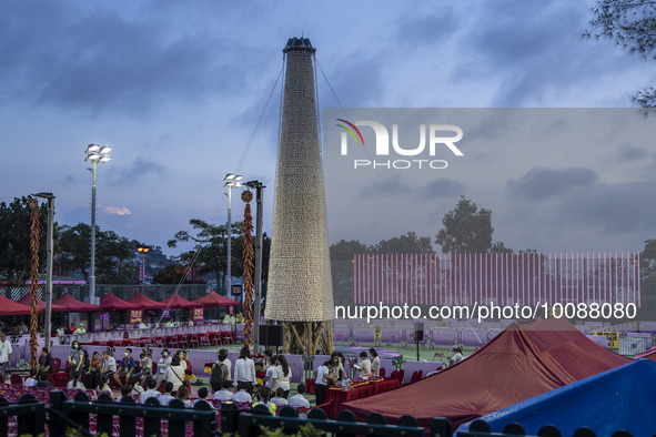 A General view showing the bun tower on May 26, 2023 in Hong Kong, China. Cheung Chau Bun Festival or Cheung Chau Da Jiu Festival is a tradi...