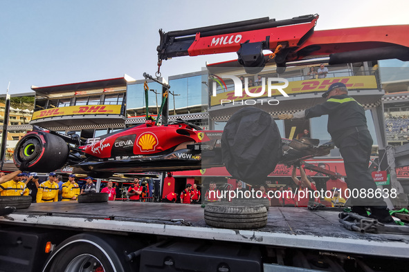 A car of Carlos Sainz of Ferrari is being transported to Ferrari garage after being crashed in Practice 2 ahead of the F1 Grand Prix of Mona...