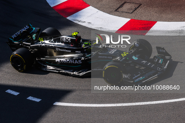 Lewis Hamilton of Mercedes drives on the track during Practice 2 ahead of the F1 Grand Prix of Monaco at Circuit de Monaco on May 26, 2023 i...