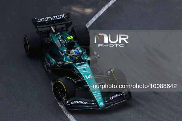 Fernando Alonso of Aston Martin drives on the track during Practice 2 ahead of the F1 Grand Prix of Monaco at Circuit de Monaco on May 26, 2...