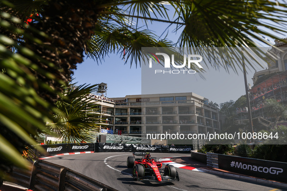  Carlos Sainz of Ferrari drives on the track during Practice 2 ahead of the F1 Grand Prix of Monaco at Circuit de Monaco on May 26, 2023 in...