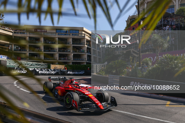  Charles Leclerc of Ferrari drives on the track during Practice 2 ahead of the F1 Grand Prix of Monaco at Circuit de Monaco on May 26, 2023...