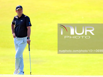 Jordan Spieth of Dallas, Texas waits on the 18th green during the first round of the The Memorial Tournament presented by Workday at Muirfie...