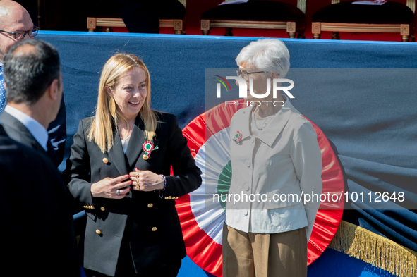 Italian Prime Minister Giorgia Meloni in Rome on June 2, 2023 on the occasion of the parade for the 77th Italian Republic Day     