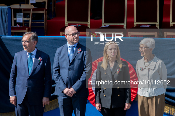 Giorgia Meloni, Lorenzo Fontana and Ignazio la Russa in Rome on June 2, 2023 on the occasion of the parade for the 77th Italian Republic Day...