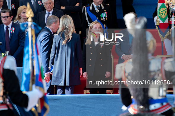 Italian Prime Minister Giorgia Meloni in Rome on June 2, 2023 on the occasion of the parade for the 77th Italian Republic Day     