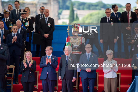 Sergio Mattarella, Giorgia Meloni and Ignazio la Russa in Rome on June 2, 2023 on the occasion of the parade for the 77th Italian Republic D...