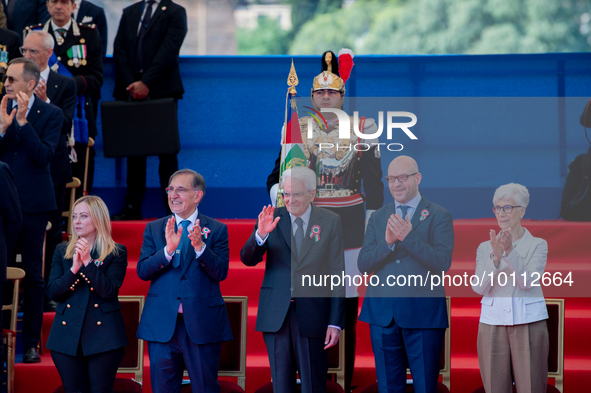 Sergio Mattarella, Giorgia Meloni and Ignazio la Russa in Rome on June 2, 2023 on the occasion of the parade for the 77th Italian Republic D...