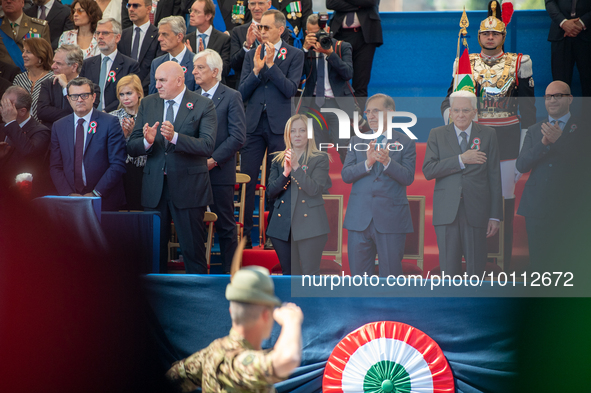 Sergio Mattarella, Giorgia Meloni and Ignazio la Russa in Rome on June 2, 2023 on the occasion of the parade for the 77th Italian Republic D...