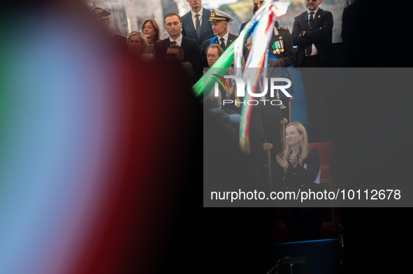 Italian Prime Minister Giorgia Meloni in Rome on June 2, 2023 on the occasion of the parade for the 77th Italian Republic Day     