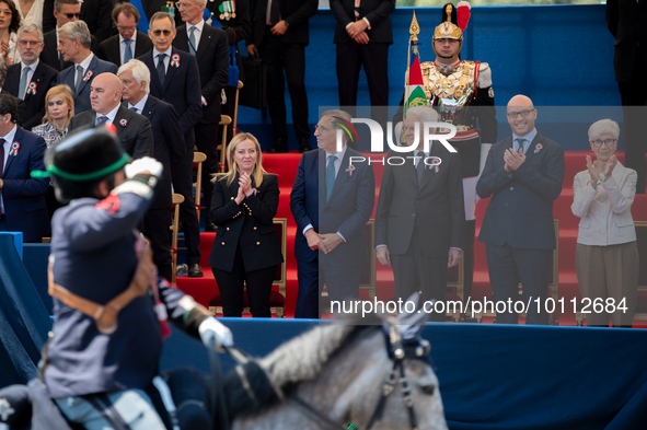 Sergio Mattarella, Giorgia Meloni and Ignazio la Russa in Rome on June 2, 2023 on the occasion of the parade for the 77th Italian Republic D...