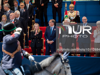 Sergio Mattarella, Giorgia Meloni and Ignazio la Russa in Rome on June 2, 2023 on the occasion of the parade for the 77th Italian Republic D...