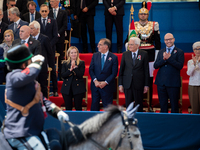 Sergio Mattarella, Giorgia Meloni and Ignazio la Russa in Rome on June 2, 2023 on the occasion of the parade for the 77th Italian Republic D...