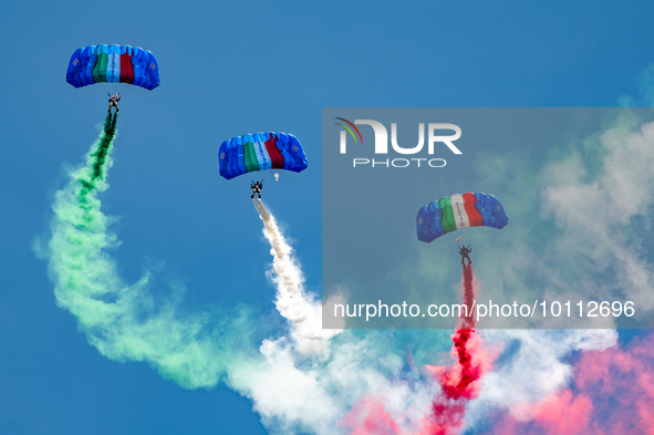 Folgore paratroopers over the skies of Rome in Italy on June 2, 2023 for the 77th Italian Republic Day        